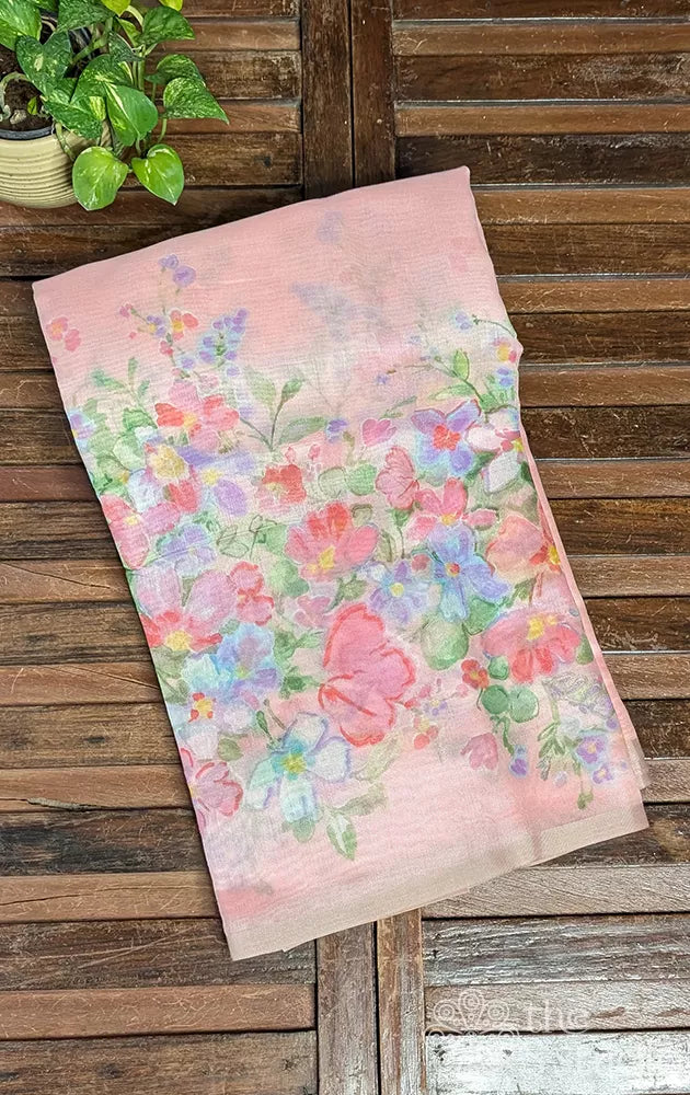 Light pink linen saree with floral prints 
