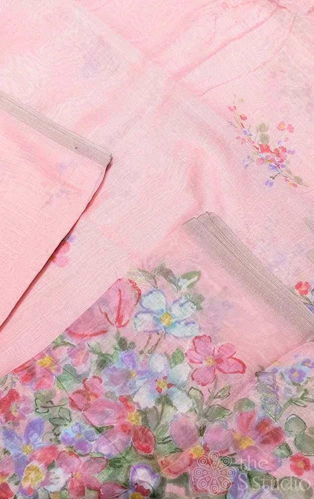 Light pink linen saree with floral prints