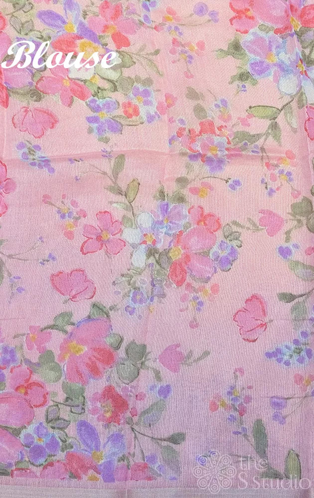 Light pink linen saree with floral prints