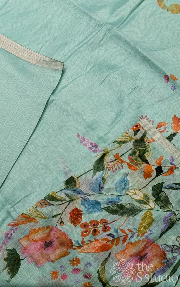 Light blue linen saree with floral & leaf prints