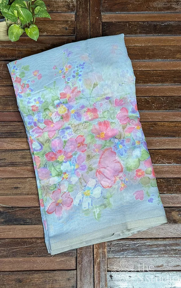 Grey linen saree with floral prints