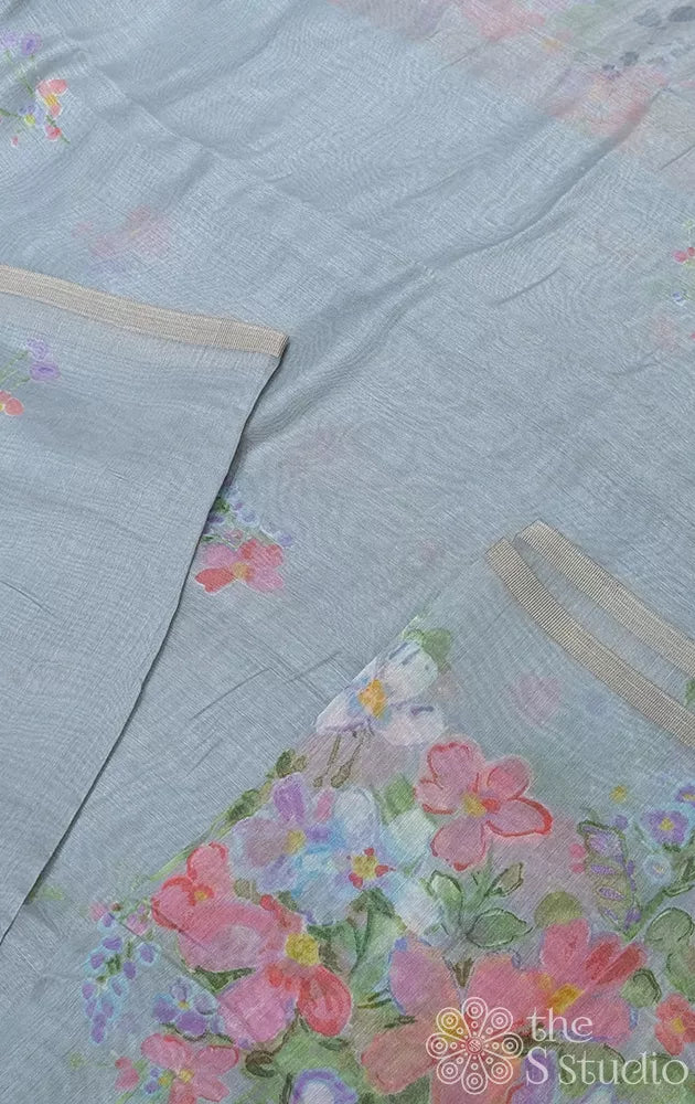 Grey linen saree with floral prints