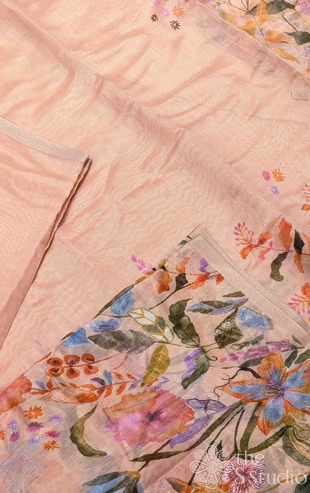 Peach linen saree with floral & leaf prints
