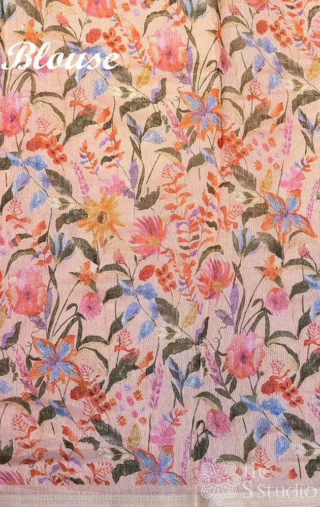 Peach linen saree with floral & leaf prints
