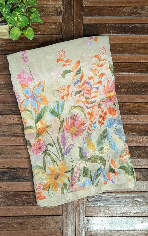 Beige linen saree with floral & leaf prints