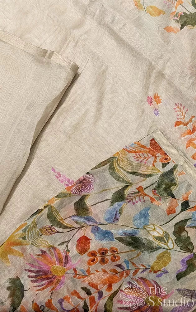 Beige linen saree with floral & leaf prints