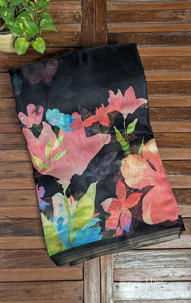 Black linen saree with big floral prints