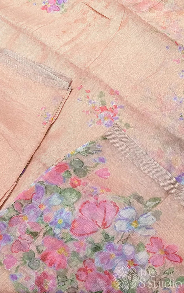 Light peach linen saree with floral prints