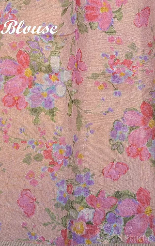 Light peach linen saree with floral prints