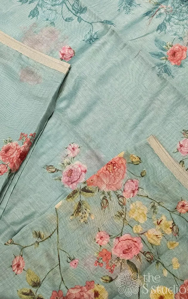 Light blue linen saree with floral creeper prints