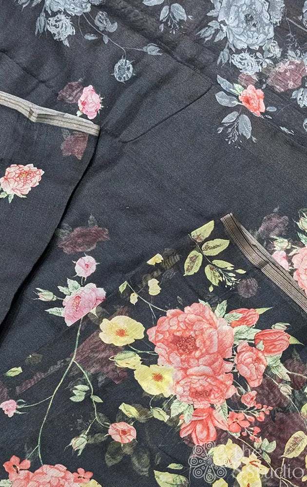 Black linen saree with floral prints