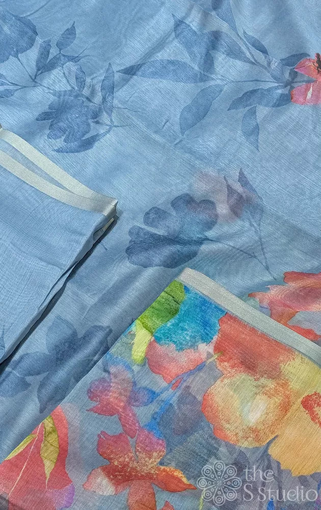 Blue linen saree with floral prints