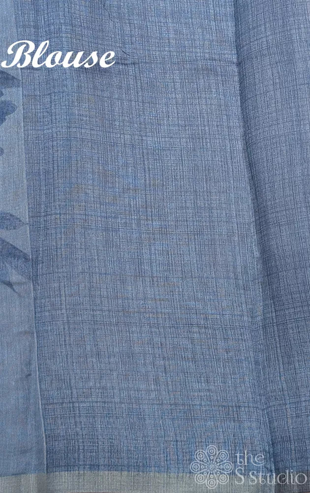 Blue linen saree with floral prints