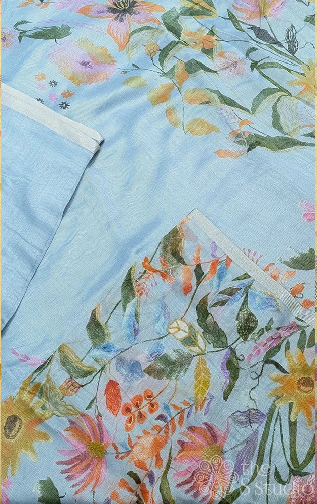 Blue linen saree with floral & leaf prints