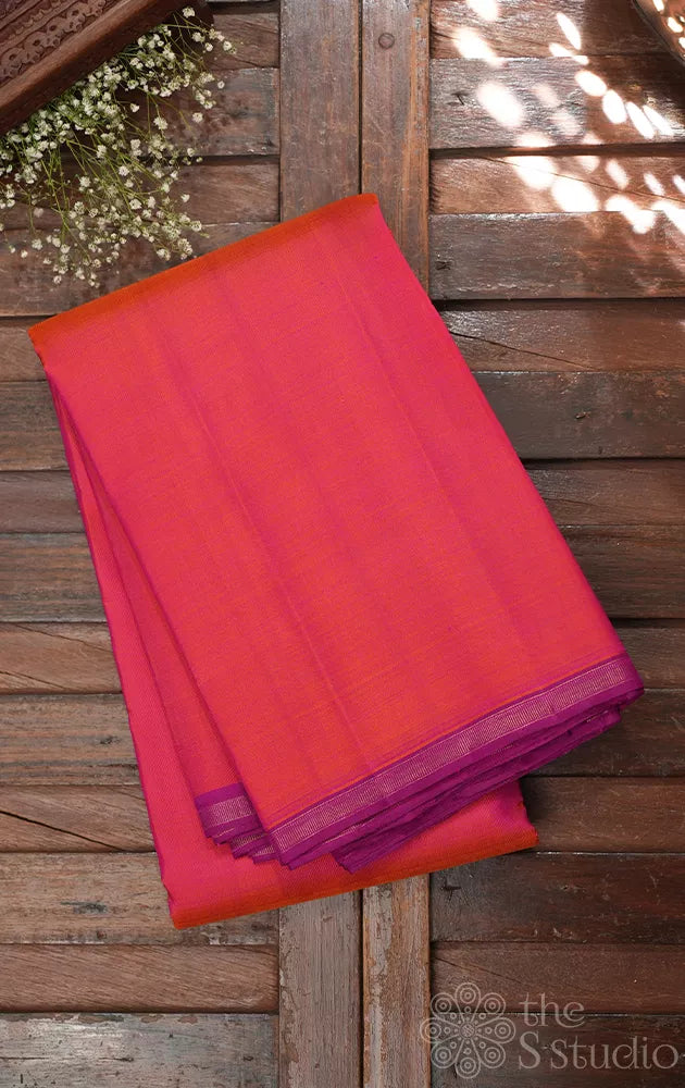 Peach plain kanchi silk saree with contrast pallu