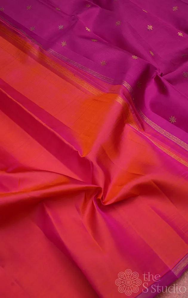 Peach plain kanchi silk saree with contrast pallu