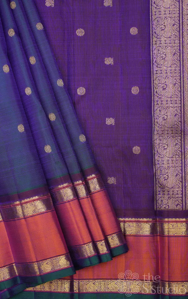 Peacock blue kanchipuram silk saree with rettaipet border