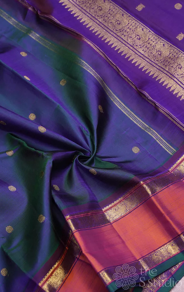 Peacock blue kanchipuram silk saree with rettaipet border