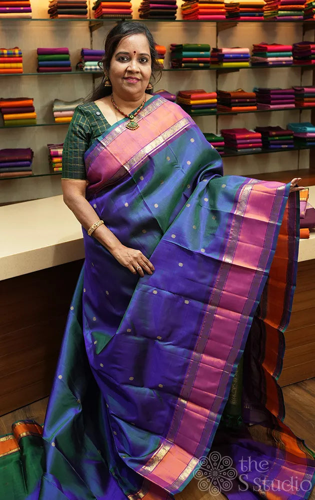 Peacock blue kanchipuram silk saree with rettaipet border