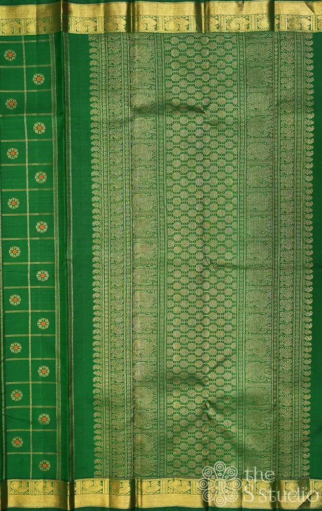 Leaf green kanjivaram silk saree with zari checks and meenakari  buttas