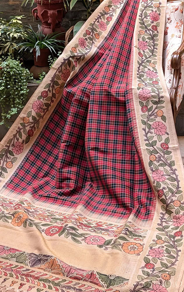 Hand painted kalamkari kanchi silk saree with Red and black checks