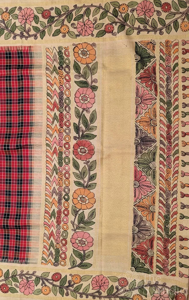 Hand painted kalamkari kanchi silk saree with Red and black checks