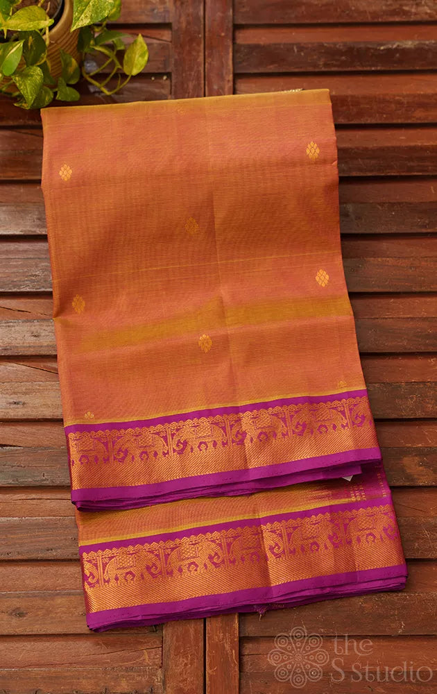 Peach vairaoosi cotton silk saree with magenta zari border