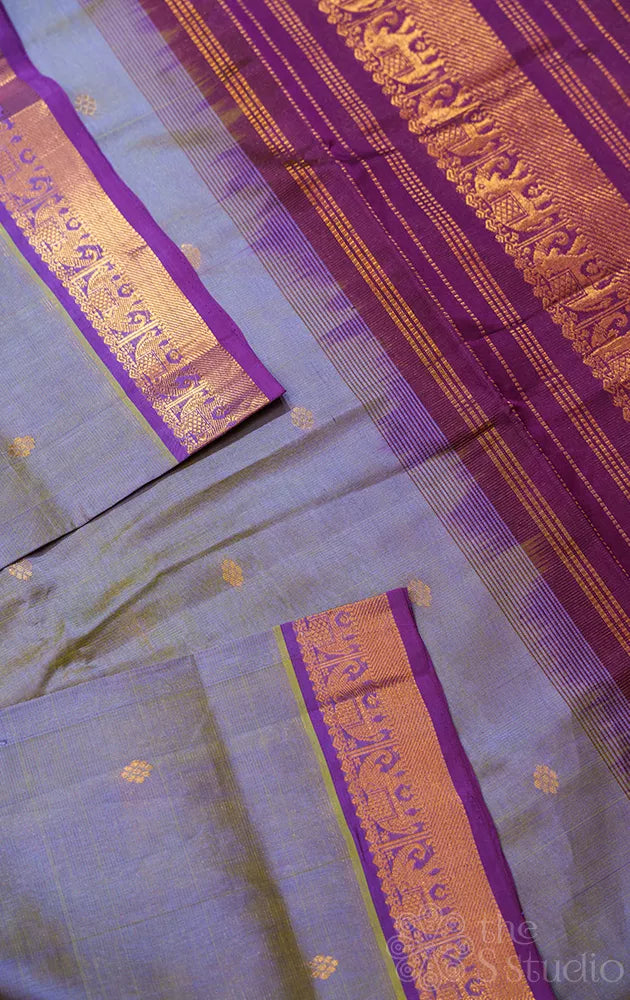 Dark powder blue vairaoosi cotton silk saree with purple border