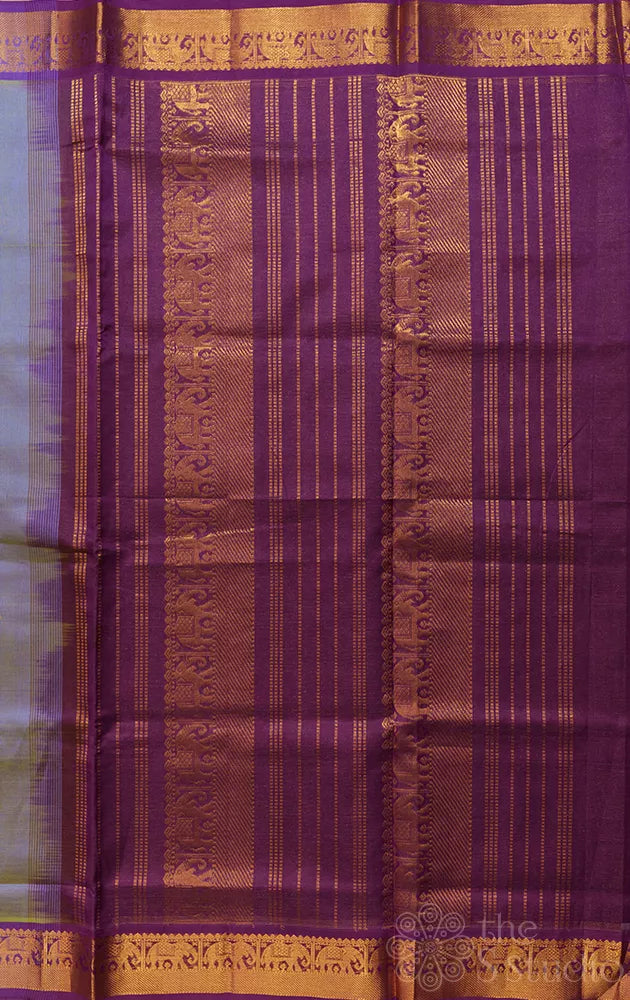 Dark powder blue vairaoosi cotton silk saree with purple border