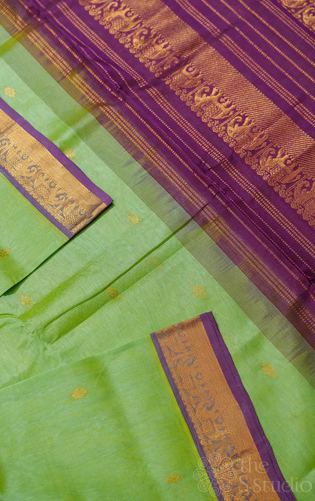 Light pista green vairaoosi silk cotton saree with purple zari border
