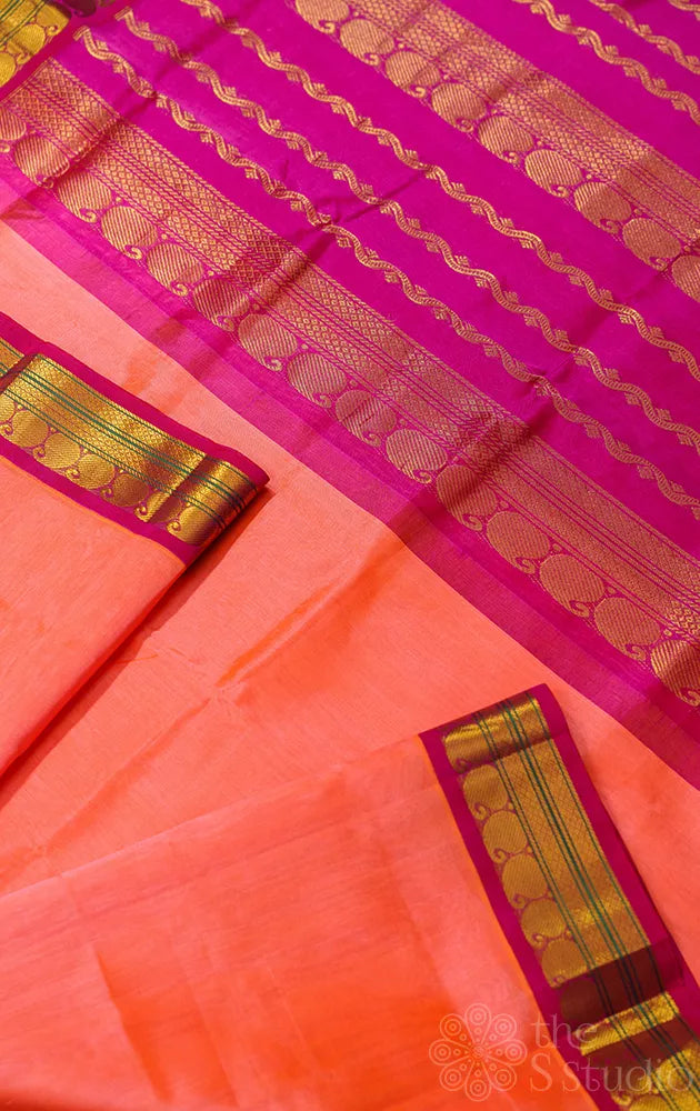 Light orange handloom silk cotton saraee with korvai border