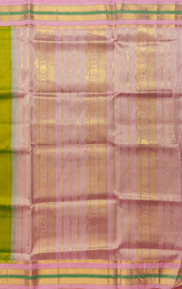 Light green kanchipuram silk cotton saree with pink border