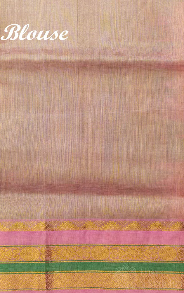 Light green kanchipuram silk cotton saree with pink border