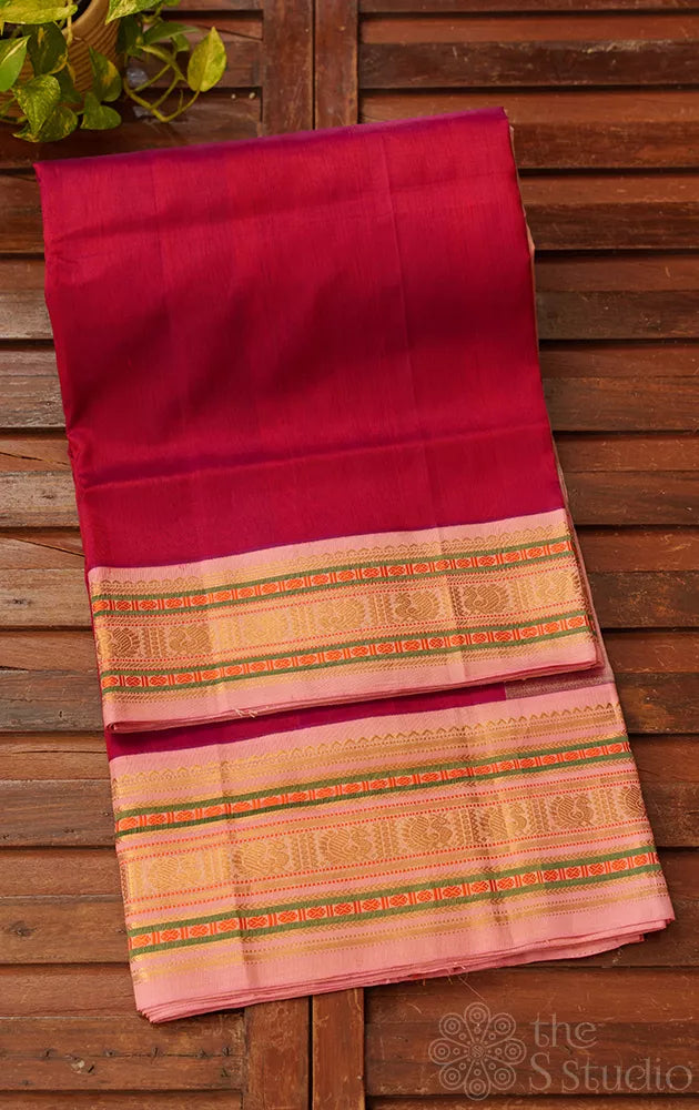 Maroon handloom silk cotton saree with pink border