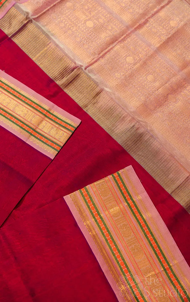 Maroon handloom silk cotton saree with pink border