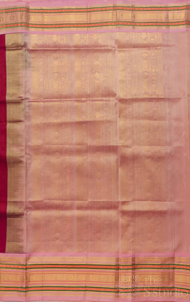 Maroon handloom silk cotton saree with pink border