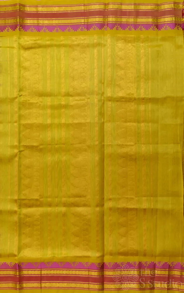 Violet silk cotton saree with yellow korvai border