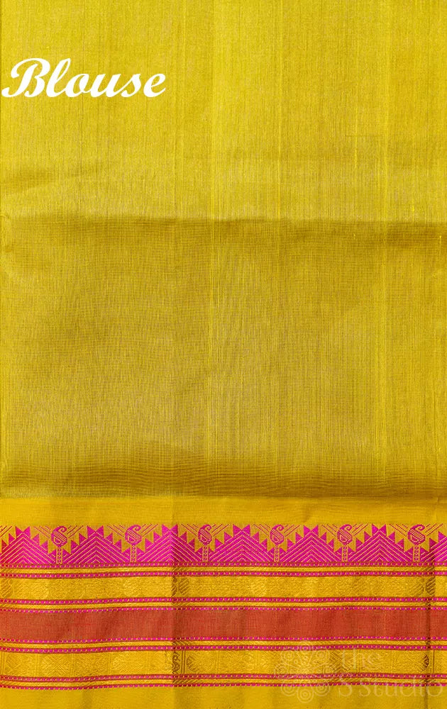 Violet silk cotton saree with yellow korvai border
