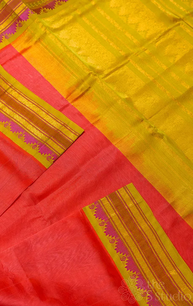 Peach handloom cotton silk saree with korvai border