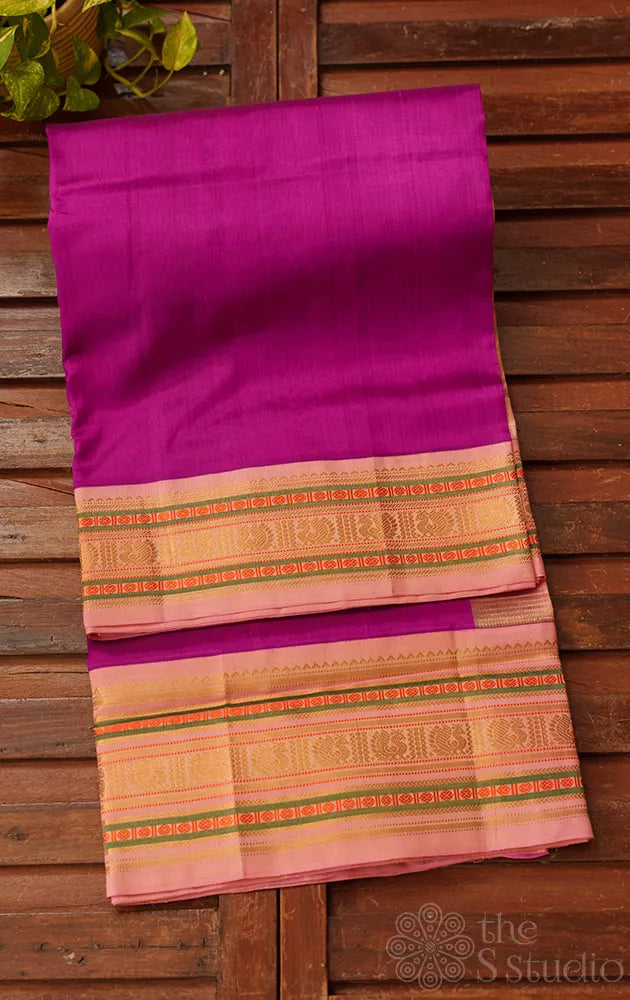 Magenta silk cotton saree with korvai onion pink border