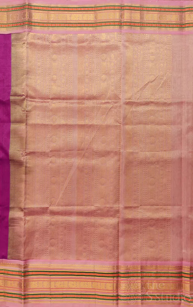 Magenta silk cotton saree with korvai onion pink border