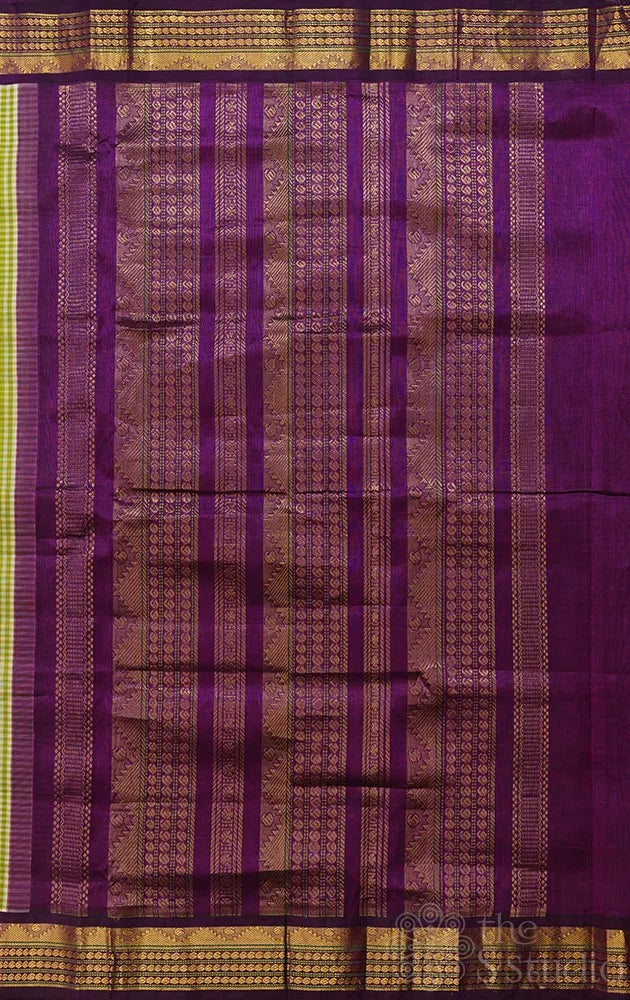 Light green checked handloom kanchipuram silk cotton saree with korvai zari border