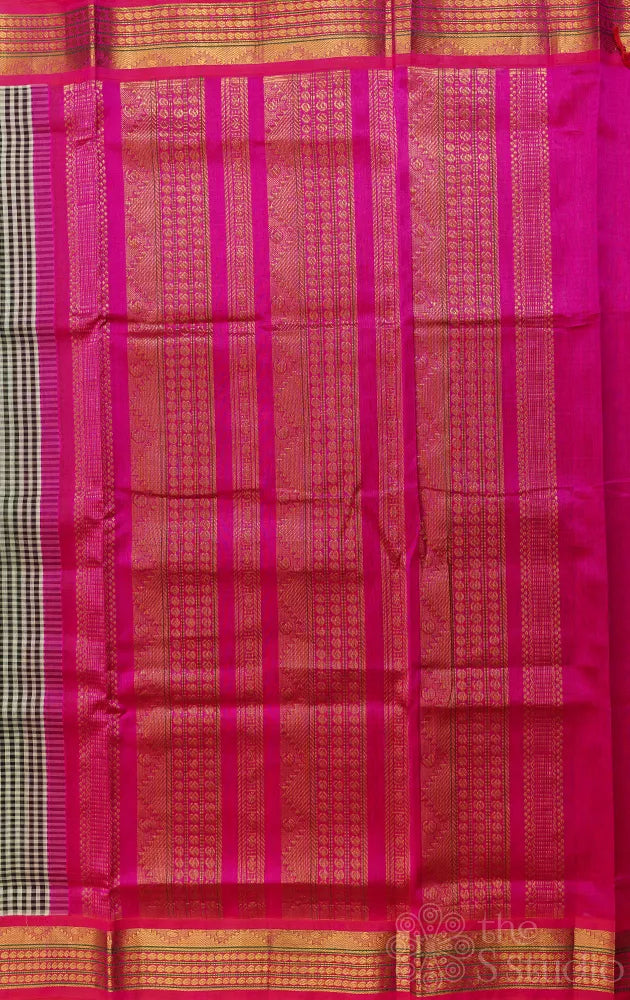 Black and white checked cotton silk saree with rani pink korvai border
