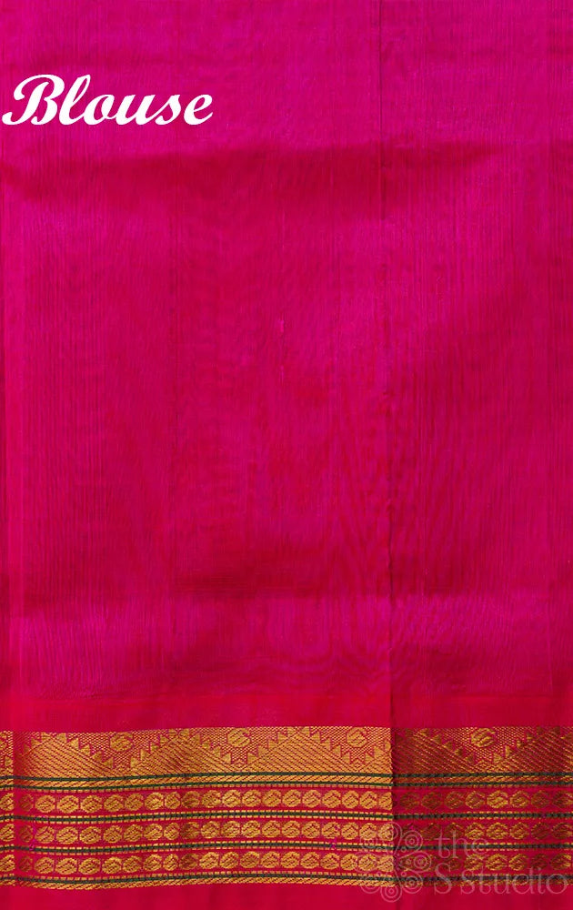 Black and white checked cotton silk saree with rani pink korvai border