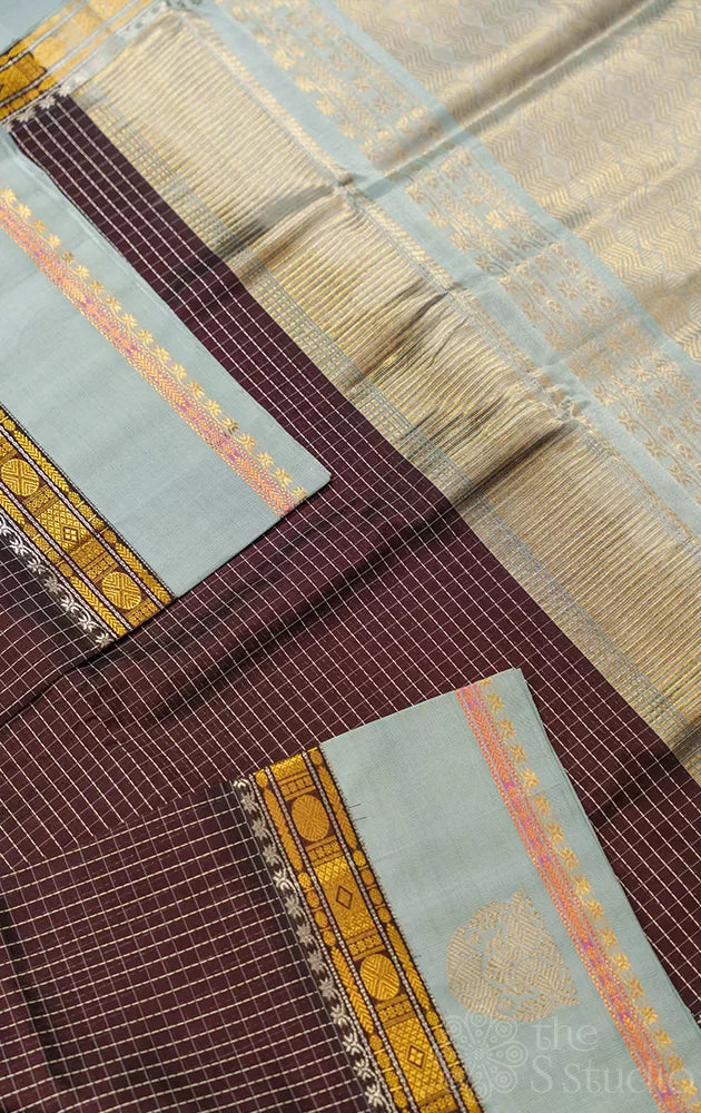 Brown checked handloom silk cotton saree with greyish blue border