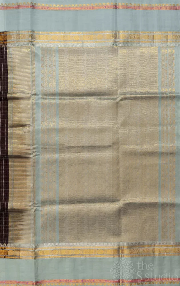 Brown checked handloom silk cotton saree with greyish blue border