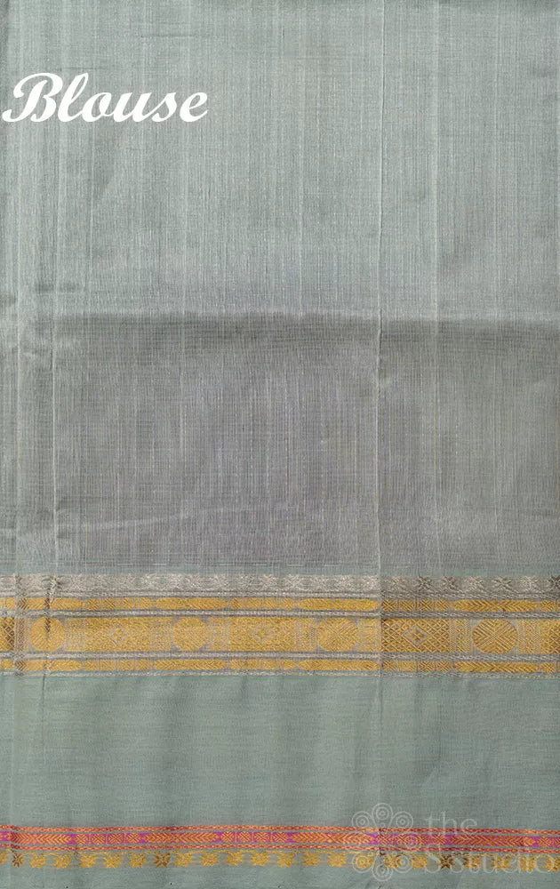 Brown checked handloom silk cotton saree with greyish blue border