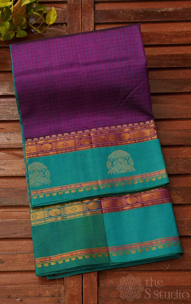 Violet checked cotton silk saree with rama blue border 