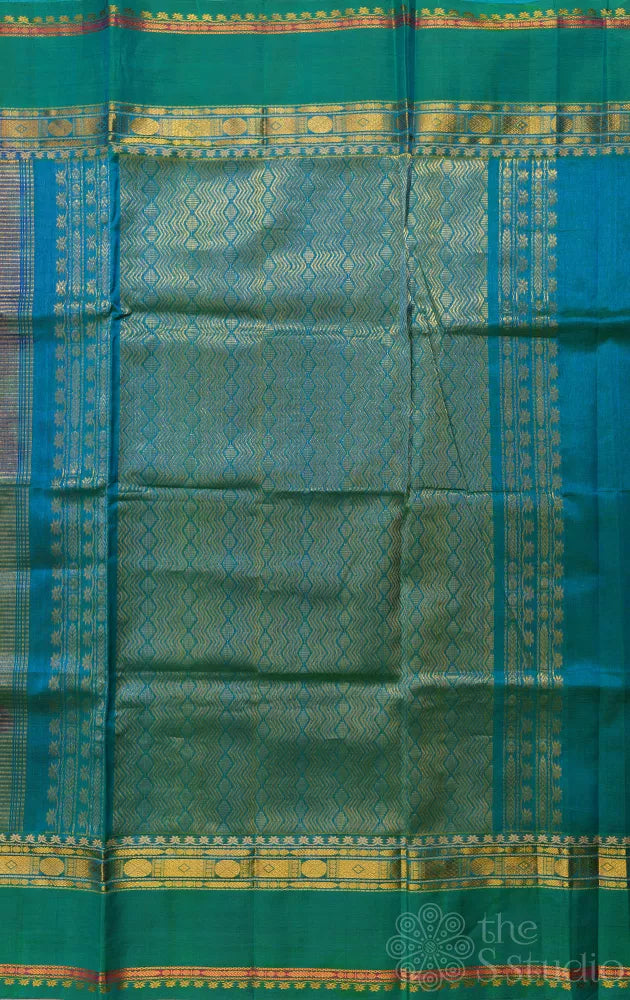 Violet checked cotton silk saree with rama blue border