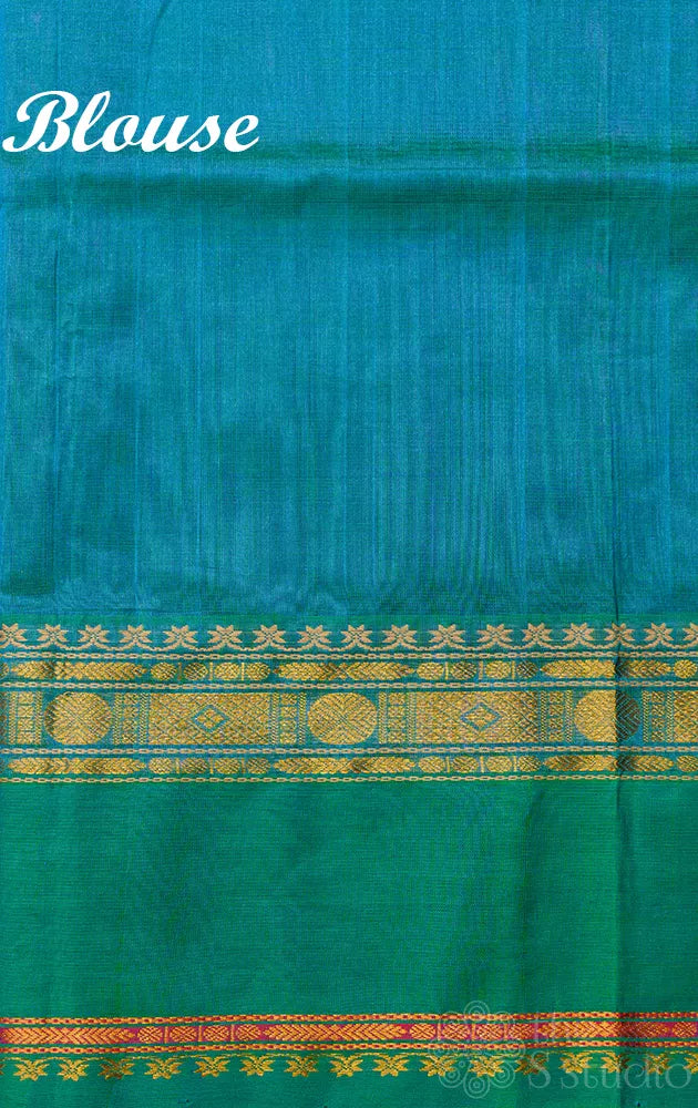 Violet checked cotton silk saree with rama blue border